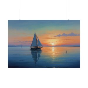 sailboat gliding on calm ocean waters during sunset with a colorful sky