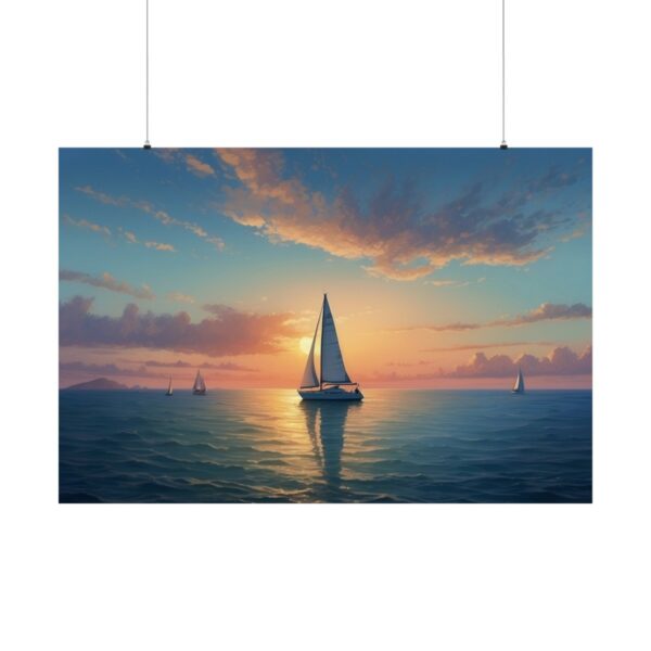 sailboat on calm ocean waters at sunset with a colorful sky