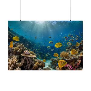 vibrant coral reef with colorful fish swimming in sunlit ocean waters