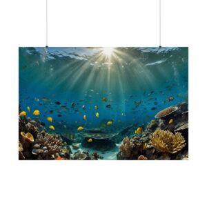 vibrant coral reef with colorful fish swimming under sunlit ocean waters