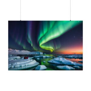 vivid northern lights over an icy landscape with floating icebergs and people sitting on the ice