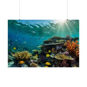 vibrant coral reef with colorful fish and sunlight streaming through clear ocean waters