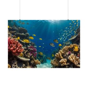 colorful coral reef with vibrant fish swimming under sunlit ocean waters