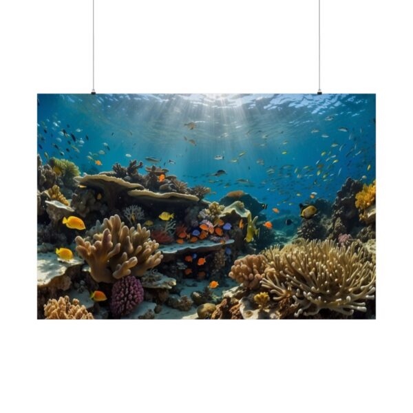 vibrant underwater coral reef with colorful fish and sunlight streaming through the ocean