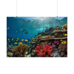 vibrant underwater coral reef with colorful fish and sunlight streaming through water