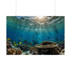 underwater coral reef scene with colorful fish and sunlight filtering through water