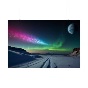 colorful aurora lights and a planet in the sky over a snowy alien landscape