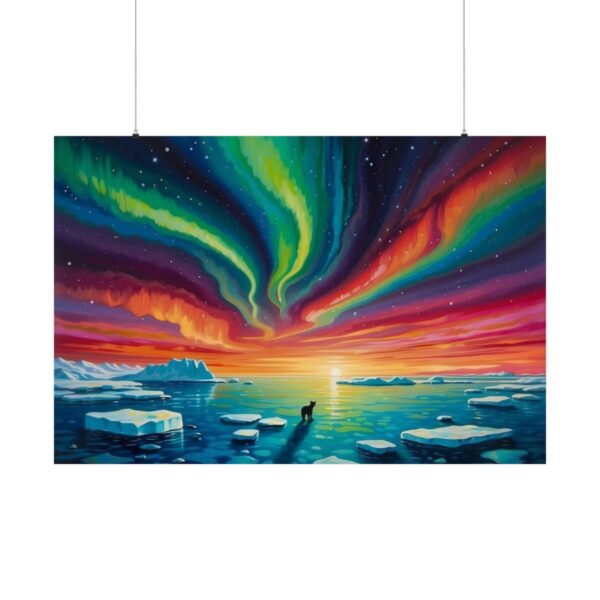 vibrant northern lights over icy landscape with floating icebergs and a lone animal