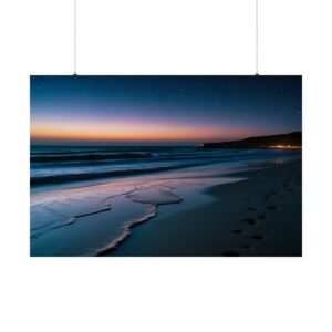 Twilight beach scene with gentle waves, footprints in the sand, and a fading sunset transitioning into a starry night sky.