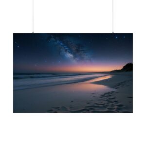 Peaceful beach at twilight with gentle waves, soft footprints in the sand, and the Milky Way visible in the night sky.