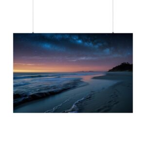 Tranquil beach at dusk with gentle waves and a vibrant sunset fading into a starry night sky.