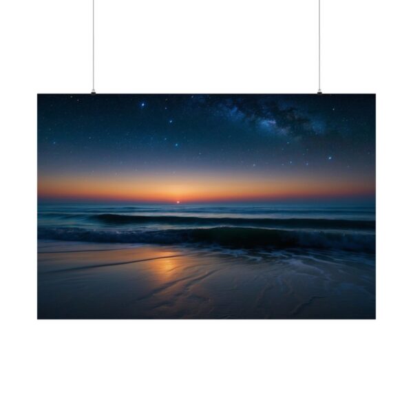 serene ocean scene at dusk with a starry sky and gentle waves on the shore