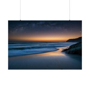 calm ocean waves at dusk with a glowing horizon and rocky shoreline