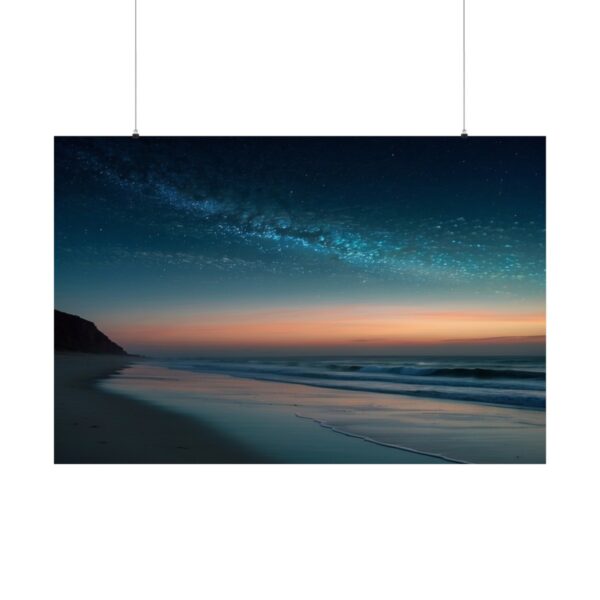 serene beach at dusk with calm waves and starry sky