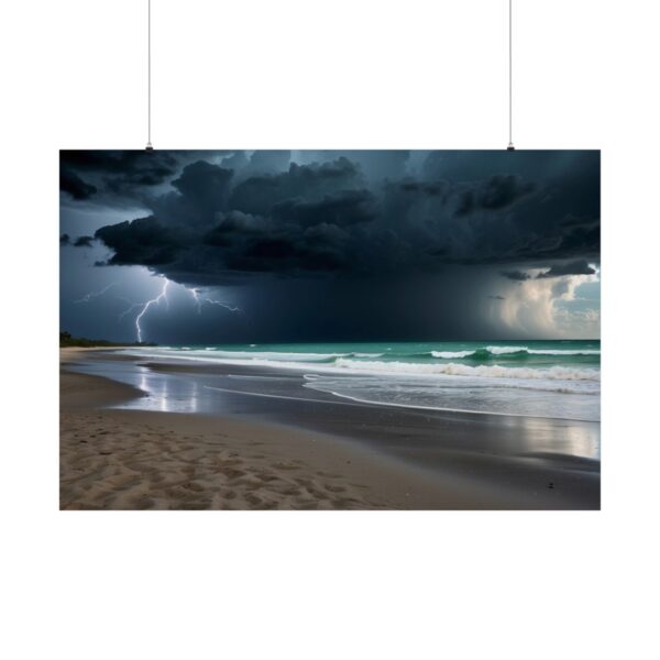 dark storm clouds and lightning over ocean waves crashing onto the beach