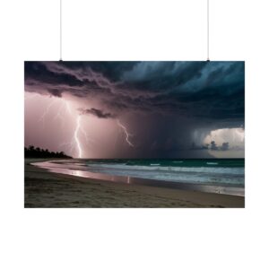 lightning storm over the ocean with dark clouds and waves crashing on the beach