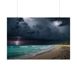 intense lightning storm over ocean waves and beach with dark clouds