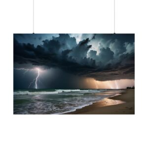 Lightning storm over the ocean with dark clouds and waves crashing on the beach