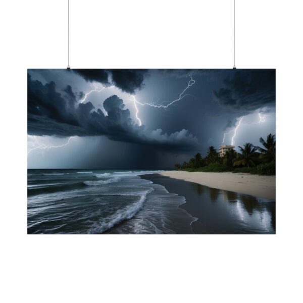 intense lightning storm over a beach with dark clouds and crashing waves