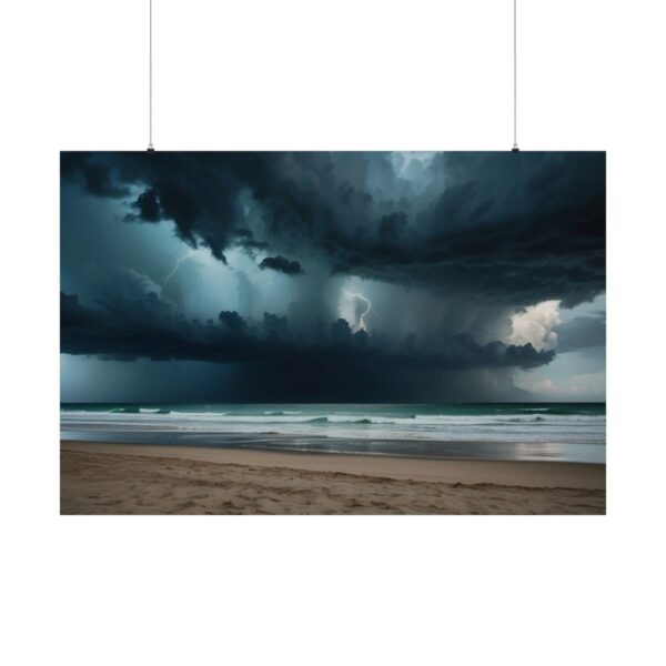 dark storm clouds over the ocean with lightning striking in the distance