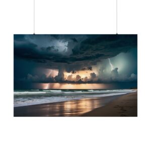 stormy ocean scene with lightning illuminating clouds over the water