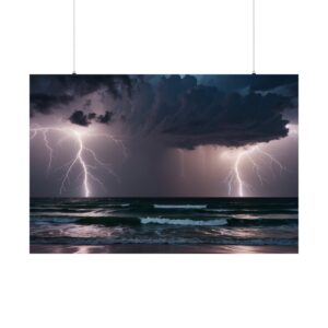 Dramatic ocean scene with lightning striking over the water, illuminating storm clouds and waves at night.