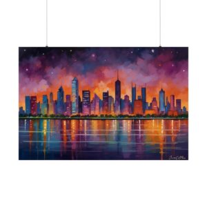 Vibrant city skyline reflected in water at night, with glowing buildings under a starry sky in shades of orange, pink, and purple.