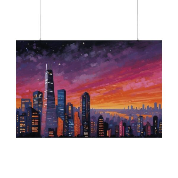 City skyline at sunset with glowing buildings under a vibrant purple, pink, and orange sky with stars beginning to appear.