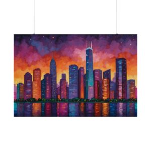 Colorful city skyline reflected in water at sunset, with skyscrapers glowing under a vibrant orange, pink, and purple sky.