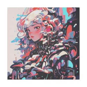 Stylized futuristic portrait of a woman with abstract, vibrant shapes and a blend of colors.