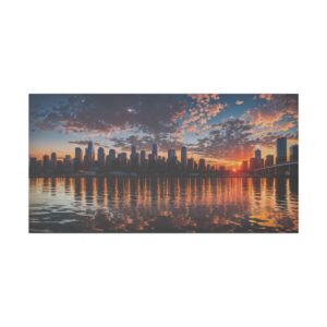 city skyline at sunset reflected in water