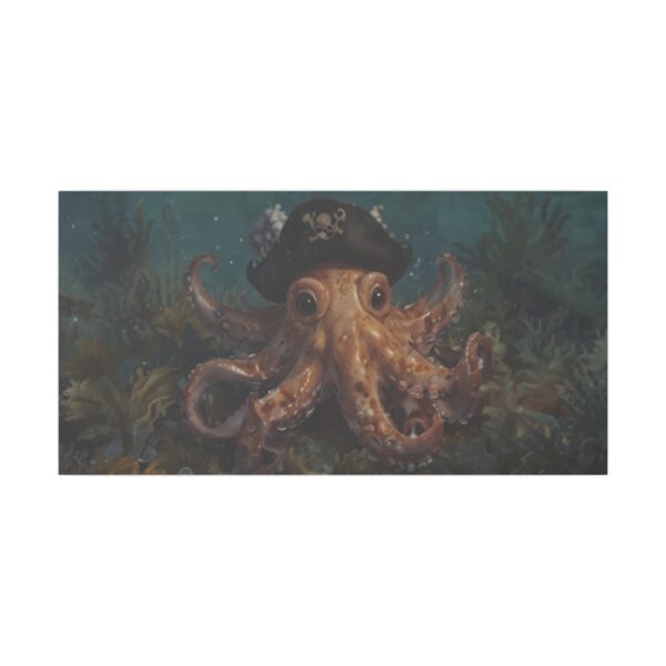 octopus wearing pirate hat among underwater plants