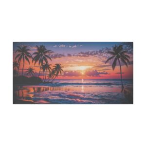 Sunset over ocean with palm trees and colorful sky