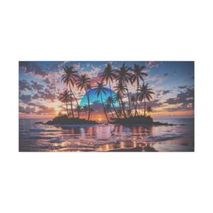 Island with palm trees at sunset reflected in water