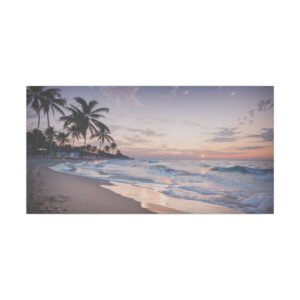 Twilight beach with palm trees, gentle waves, and a serene sunset sky