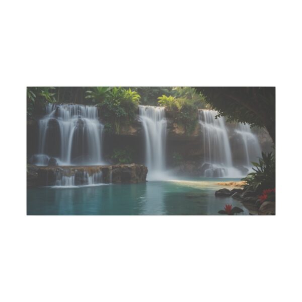 peaceful waterfall cascading into a serene turquoise pool surrounded by greenery