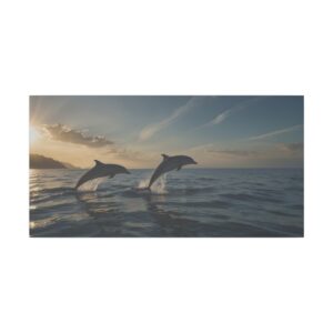 two dolphins jumping out of the ocean at sunset