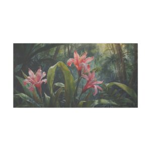 tropical jungle with pink lilies and lush greenery