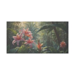 lush tropical jungle with blooming pink flowers