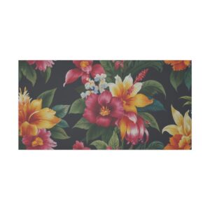 vibrant exotic flowers with lush green leaves on a dark background