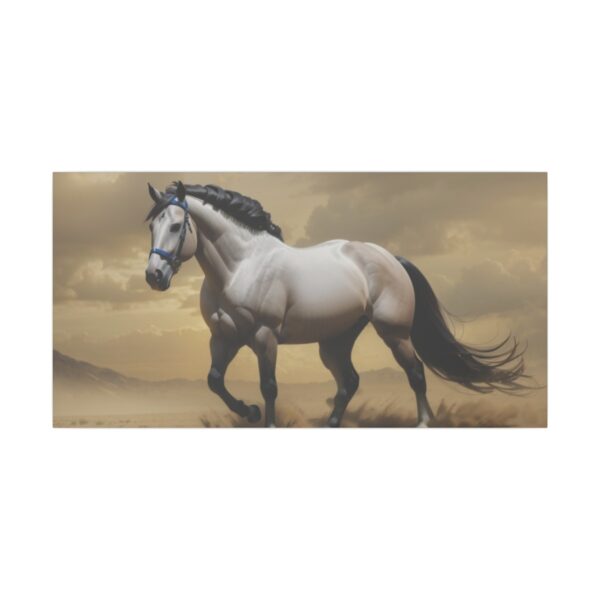 strong white horse walking in a desert landscape