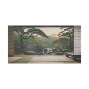 tranquil Japanese garden with waterfall viewed through traditional sliding doors