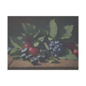 Strawberries and blueberries with green leaves on a wooden surface