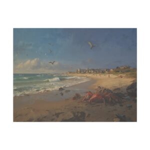 Seashore with waves, seagulls, and distant town at sunset