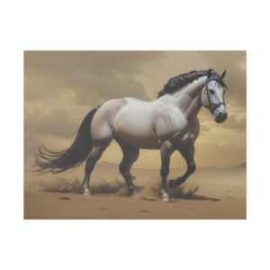 strong white horse galloping across a desert landscape