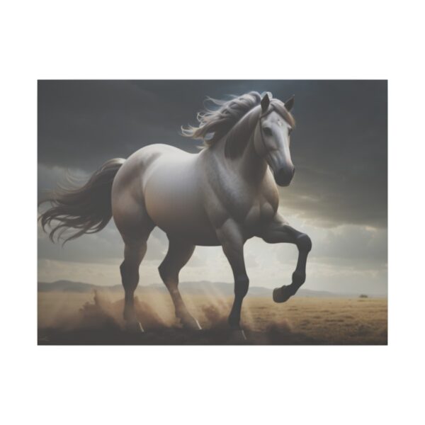 powerful white horse galloping in a stormy landscape