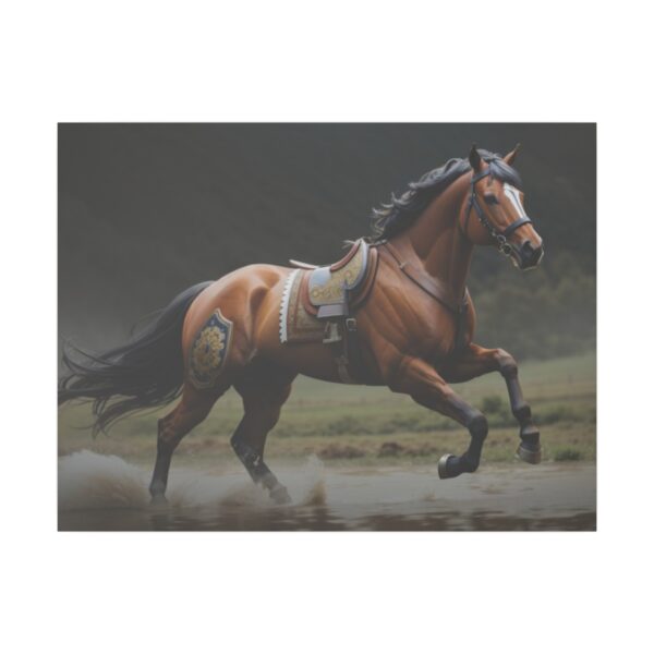 majestic brown horse with saddle galloping through a misty field