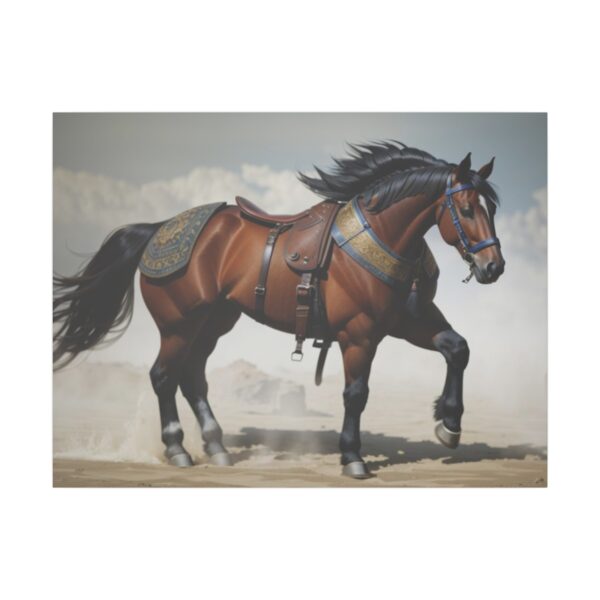 powerful brown horse with saddle galloping in the desert