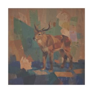 Deer standing against a backdrop of abstract geometric shapes in earthy tones.