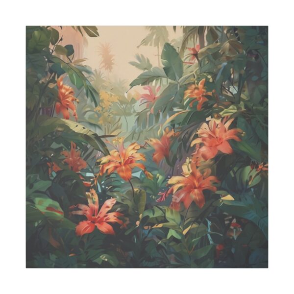 Lush tropical garden with vibrant orange flowers on a Giclée Print Canvas.